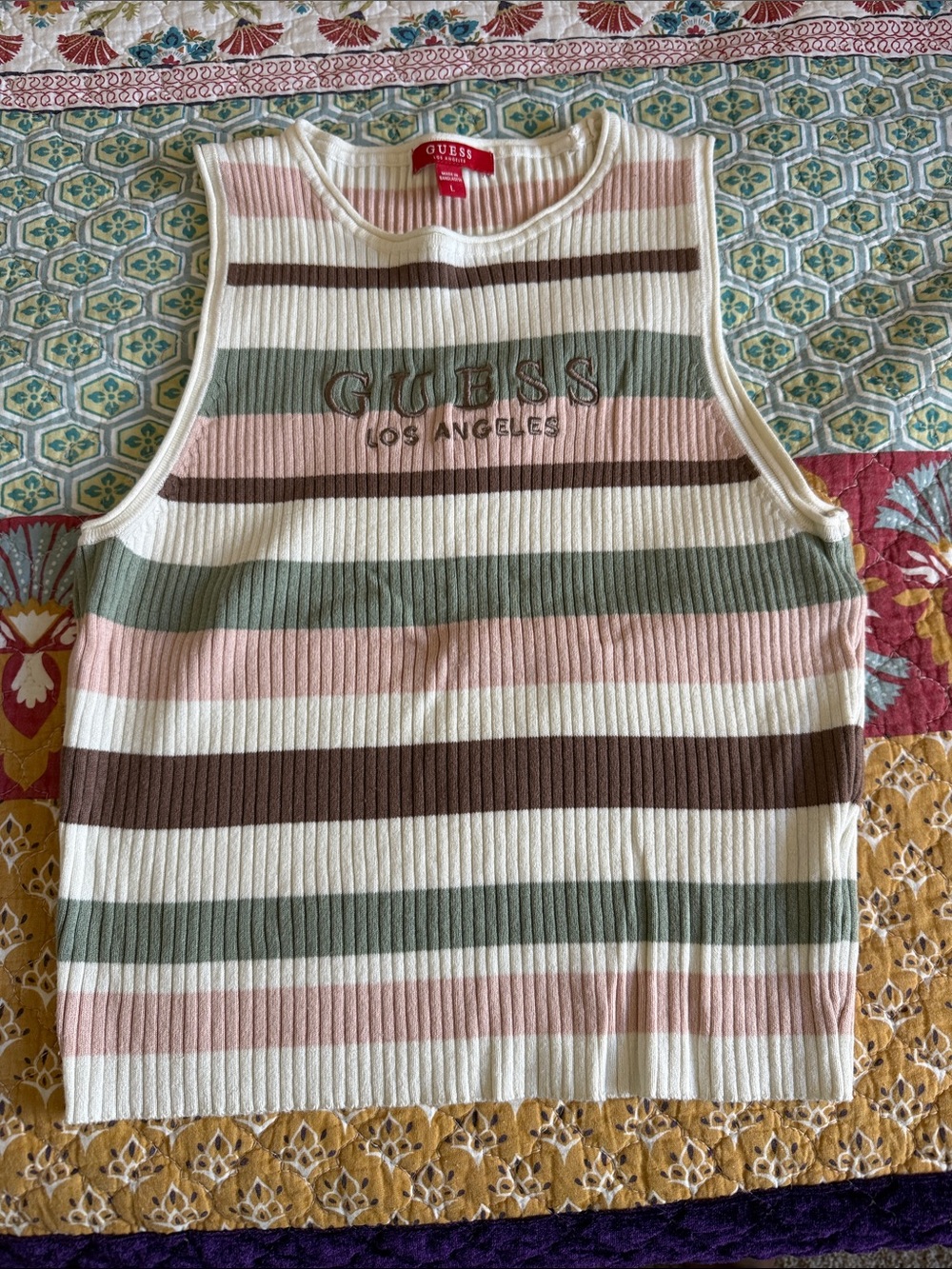 Guess Striped Ribbed Crop Top in Cream, Pink, Olive & Brown